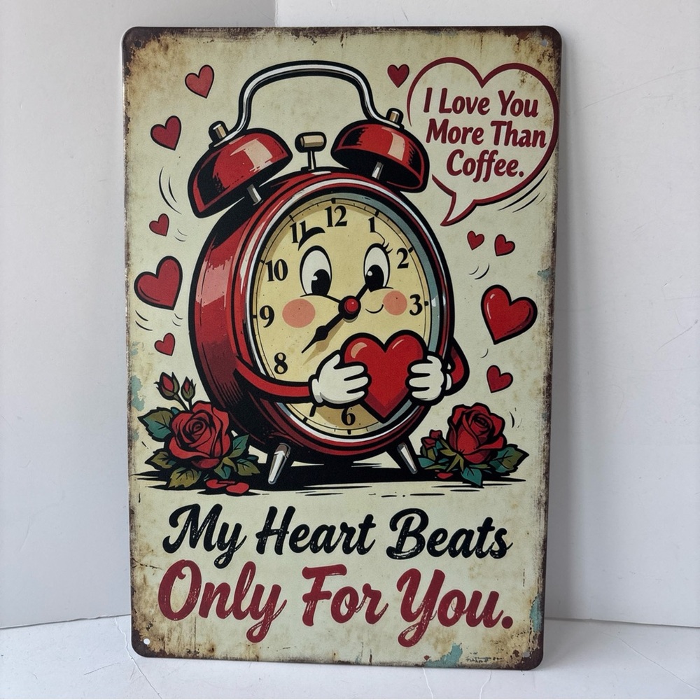 Valentines Anthropomorphic Clock Metal Tin Sign Vintage Style Wall Decor 8 X12”